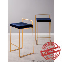 Lumisource B26-FUJI AUVBU2 Fuji Contemporary-Glam Stackable Counter Stool in Gold with Blue Velvet Cushion - Set of 2